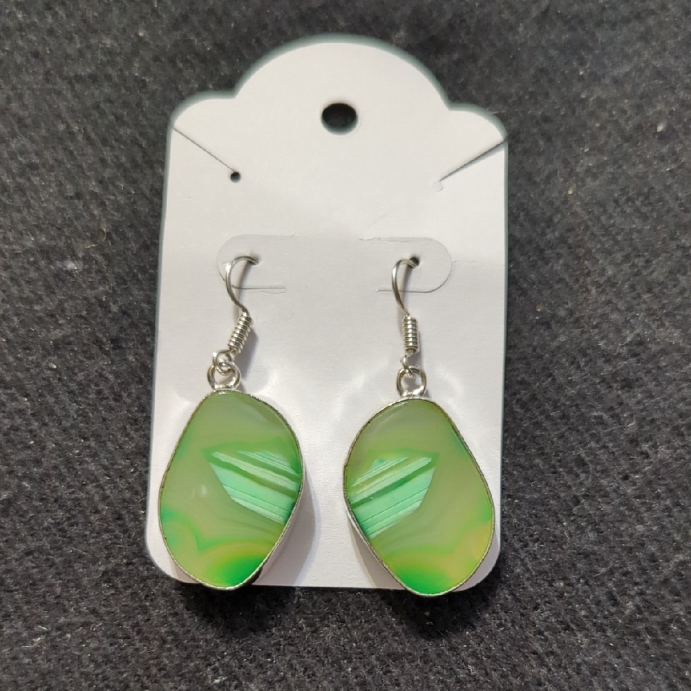 Silver Plated Translucent Green Banded Agate Gemstone Dangle Statement Earrings